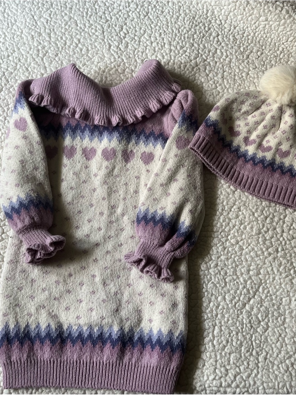 Janie and Jack Cream and Lilac Heart Fair Isle Dress & Hat Set